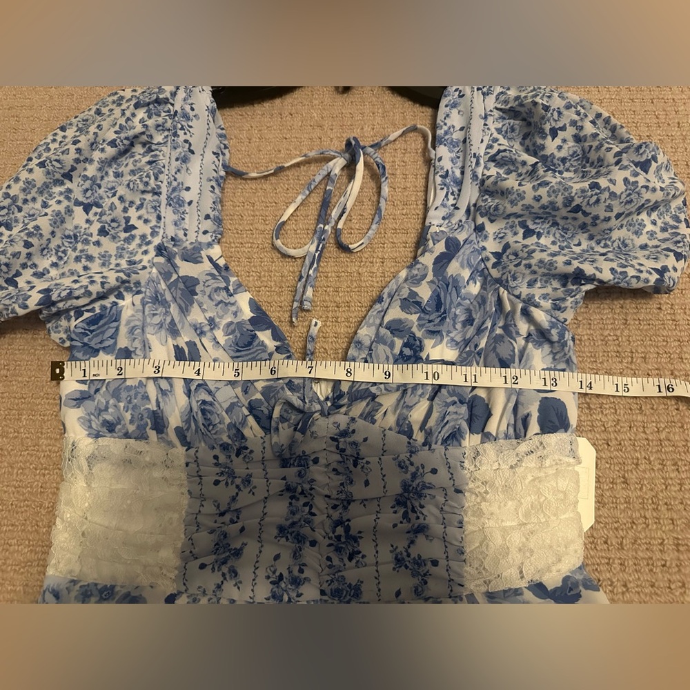 NWT Altar’d State Aderny Patchwork Floral Mini Dress Blue-White - Picture 10 of 12